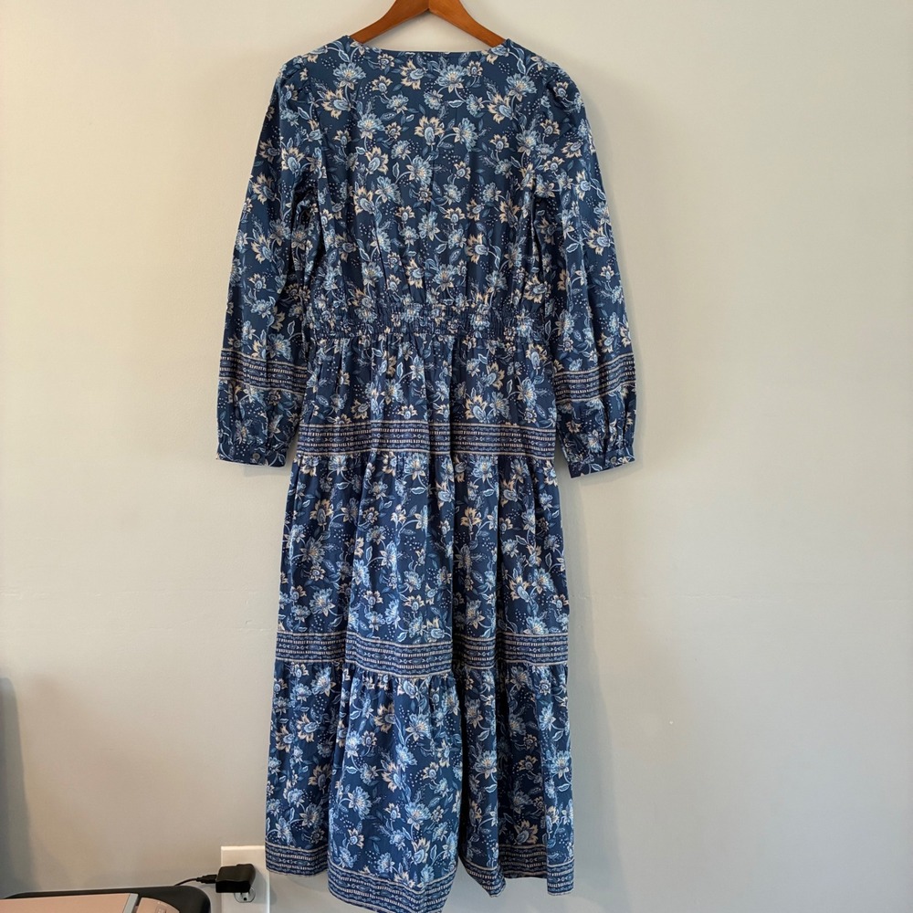 LOFT Dress Wom M Blue Floral Tiered Maxi VNeck Long Sleeve Smocked Waist Cottage - Picture 4 of 11